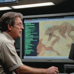 Render an image of a computer screen in the control room, showing an alarming notification on the Jurassic Park map indicating the T-Rex Paddock as 'inactive', with a concerned John Hammond looking on.