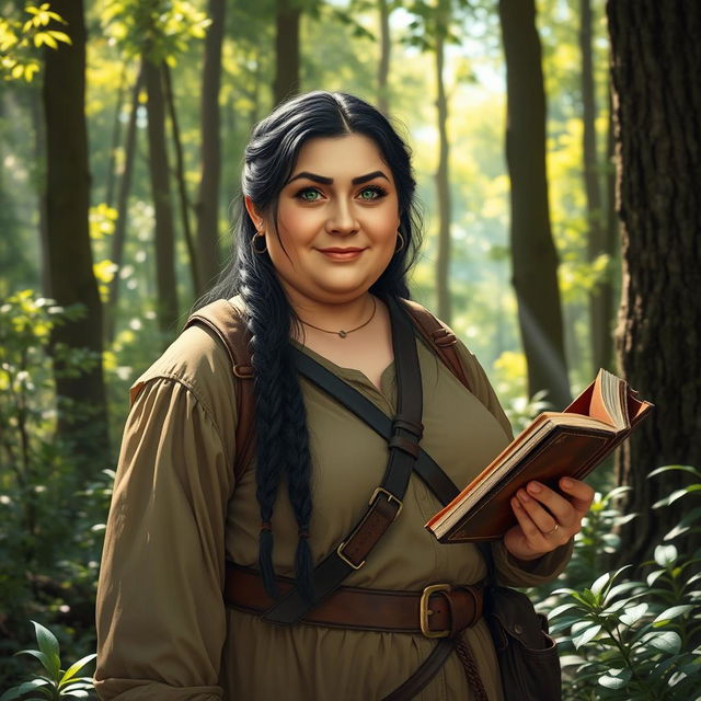 A middle-aged, chubby female Dunedain wanderer amidst a lush, enchanting forest