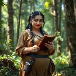 A middle-aged, chubby female Dunedain wanderer amidst a lush, enchanting forest