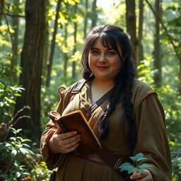 A middle-aged, chubby female Dunedain wanderer amidst a lush, enchanting forest