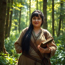 A middle-aged, chubby female Dunedain wanderer amidst a lush, enchanting forest