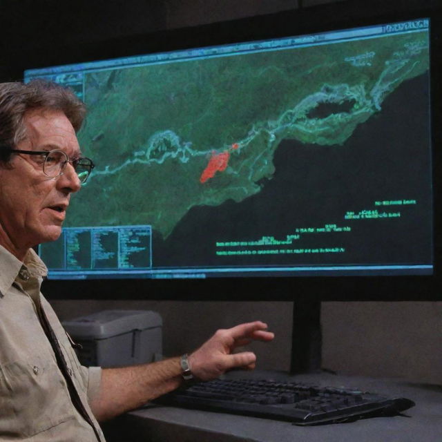 Render an image of a computer screen in the control room, showing an alarming notification on the Jurassic Park map indicating the T-Rex Paddock as 'inactive', with a concerned John Hammond looking on.