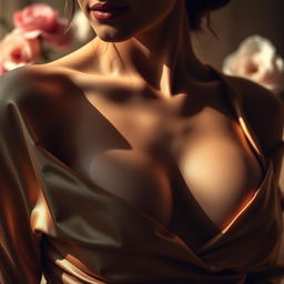 A sensual art piece showcasing a close-up of a woman's beautiful décolletage, accentuated by luxurious silk fabric draped artistically around her shoulders