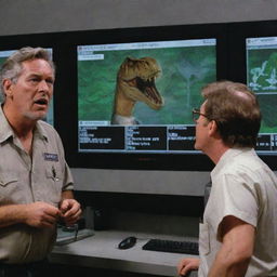 Render an image of a computer screen in the control room, showing an alarming notification on the Jurassic Park map indicating the T-Rex Paddock as 'inactive', with a concerned John Hammond looking on.