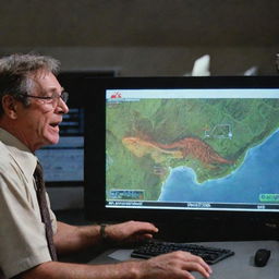 Render an image of a computer screen in the control room, showing an alarming notification on the Jurassic Park map indicating the T-Rex Paddock as 'inactive', with a concerned John Hammond looking on.