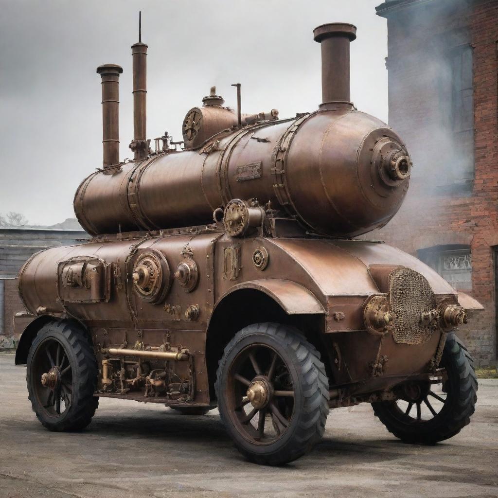 A Steampunk armored vehicle, exemplifying a union of Victorian aesthetics and early industrial machinery. Envision sturdy iron plates, riveted seams, a smoke-billowing chimney stack, cogged wheels, and an array of brass steampower gauges