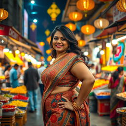 A curvy and attractive Indian lady with wide hips is standing confidently in a vibrant public market at night