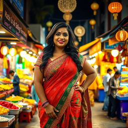 A curvy and attractive Indian lady with wide hips is standing confidently in a vibrant public market at night