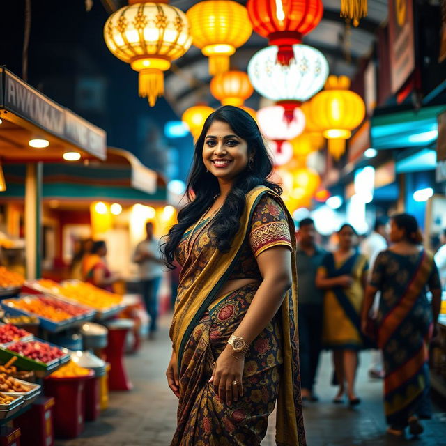 A curvy and attractive Indian lady with wide hips is standing confidently in a vibrant public market at night