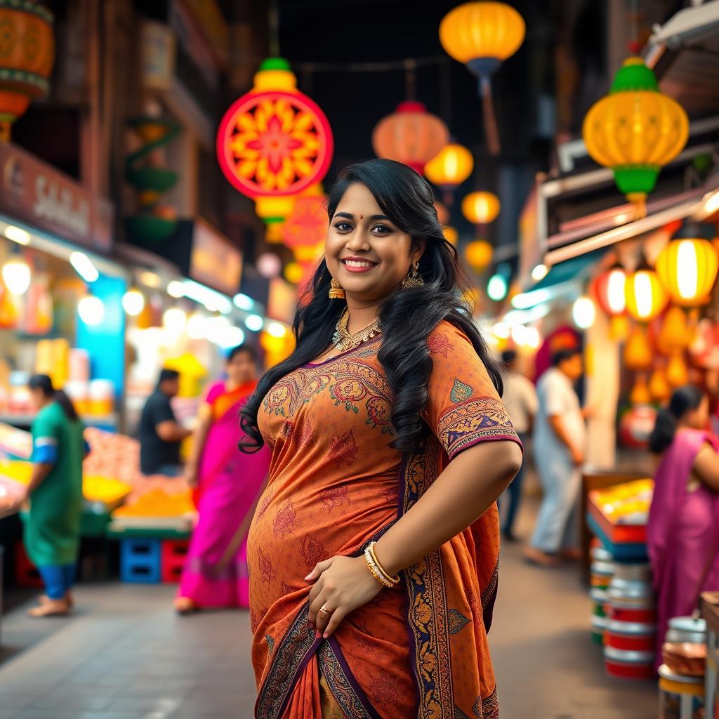 A curvy and attractive Indian lady with wide hips is standing confidently in a vibrant public market at night