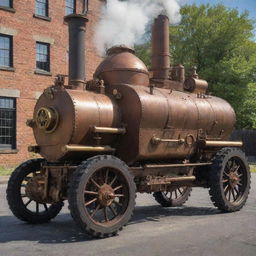 A Steampunk armored vehicle, exemplifying a union of Victorian aesthetics and early industrial machinery. Envision sturdy iron plates, riveted seams, a smoke-billowing chimney stack, cogged wheels, and an array of brass steampower gauges