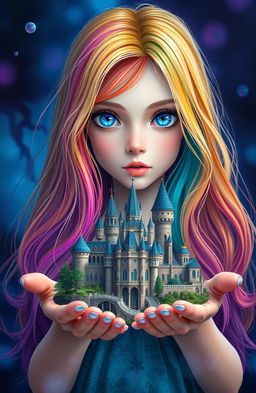 A girl named Raimbelle with long, flowing hair in seven vibrant colors of the rainbow, a fair skin tone, and piercing sapphire blue eyes gazes directly ahead