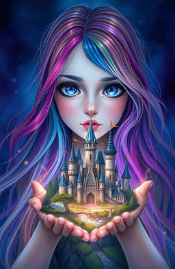 A girl named Raimbelle with long, flowing hair in seven vibrant colors of the rainbow, a fair skin tone, and piercing sapphire blue eyes gazes directly ahead