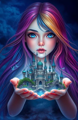 A girl named Raimbelle with long, flowing hair in seven vibrant colors of the rainbow, a fair skin tone, and piercing sapphire blue eyes gazes directly ahead