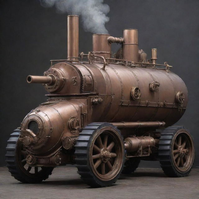 A Steampunk armored vehicle, exemplifying a union of Victorian aesthetics and early industrial machinery. Envision sturdy iron plates, riveted seams, a smoke-billowing chimney stack, cogged wheels, and an array of brass steampower gauges