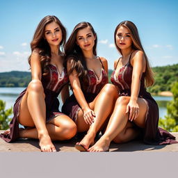 Three attractive Russian women wearing sexy traditional Russian clothing, sitting in a similar pose with their legs open towards the camera