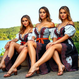 Three attractive Russian women wearing sexy traditional Russian clothing, sitting in a similar pose with their legs open towards the camera