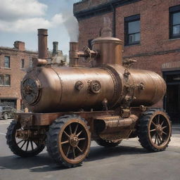 A Steampunk armored vehicle, exemplifying a union of Victorian aesthetics and early industrial machinery. Envision sturdy iron plates, riveted seams, a smoke-billowing chimney stack, cogged wheels, and an array of brass steampower gauges