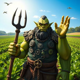 An imposing orc life cleric standing in a lush green farm, wearing a well-worn chain shirt adorned with symbols of life and nature