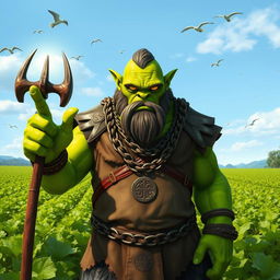 An imposing orc life cleric standing in a lush green farm, wearing a well-worn chain shirt adorned with symbols of life and nature