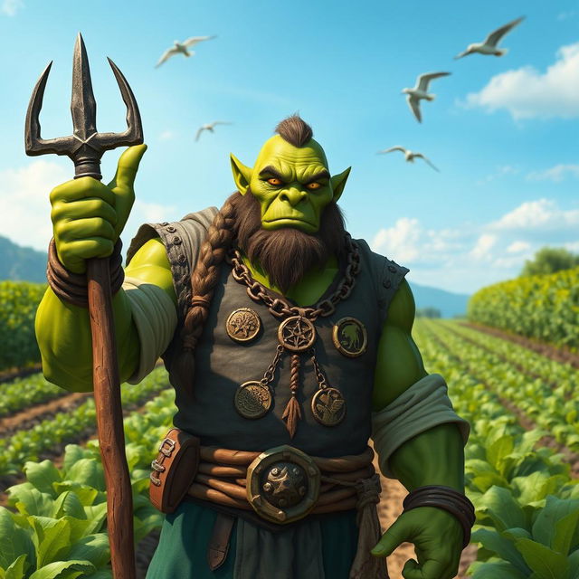 An imposing orc life cleric standing in a lush green farm, wearing a well-worn chain shirt adorned with symbols of life and nature