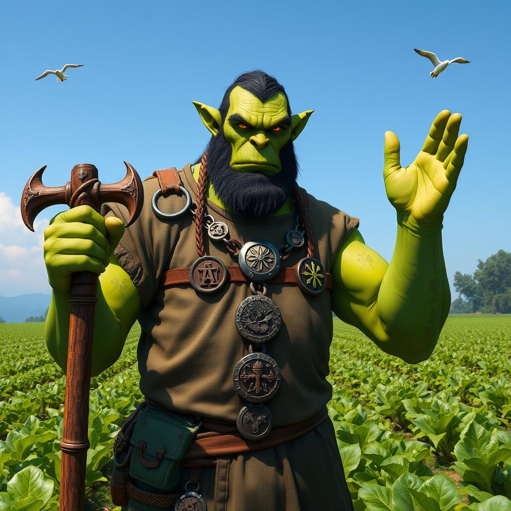 An imposing orc life cleric standing in a lush green farm, wearing a well-worn chain shirt adorned with symbols of life and nature