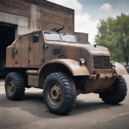 A Dieselpunk armored vehicle, mirroring the grunge and mechanical aesthetic of the 1940s era. Think of rugged industrial design, riveted steel armor, large diesel engine exhausts, worn out paint job and neon highlights