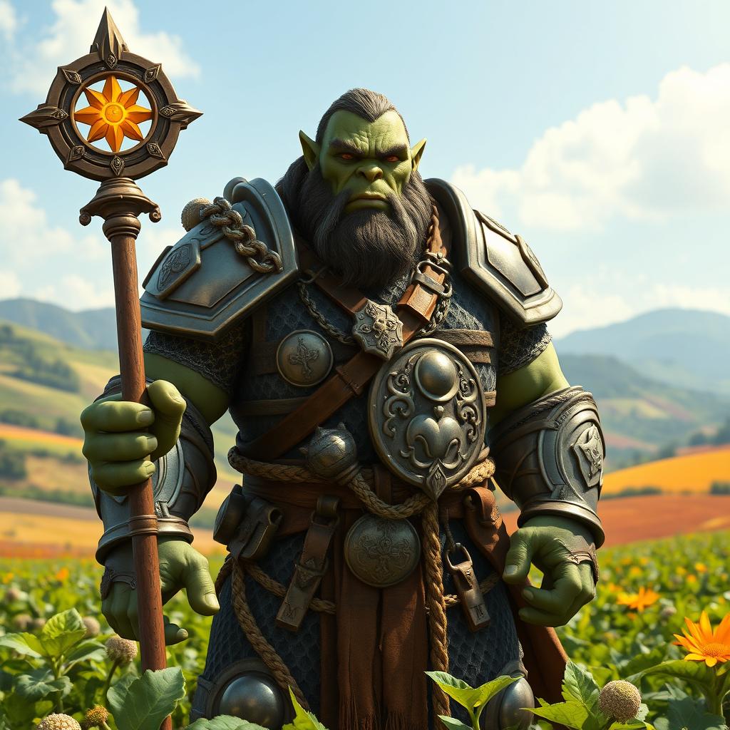 A robust orc life cleric standing confidently in a bountiful farmland, clad in gleaming chainmail armor that glimmers in the sunlight