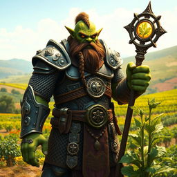 A robust orc life cleric standing confidently in a bountiful farmland, clad in gleaming chainmail armor that glimmers in the sunlight
