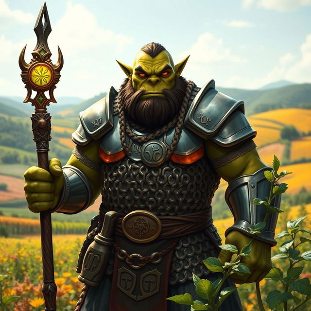 A robust orc life cleric standing confidently in a bountiful farmland, clad in gleaming chainmail armor that glimmers in the sunlight