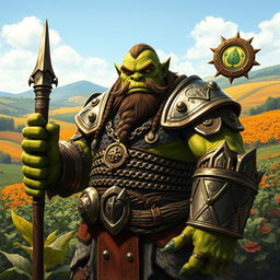 A robust orc life cleric standing confidently in a bountiful farmland, clad in gleaming chainmail armor that glimmers in the sunlight