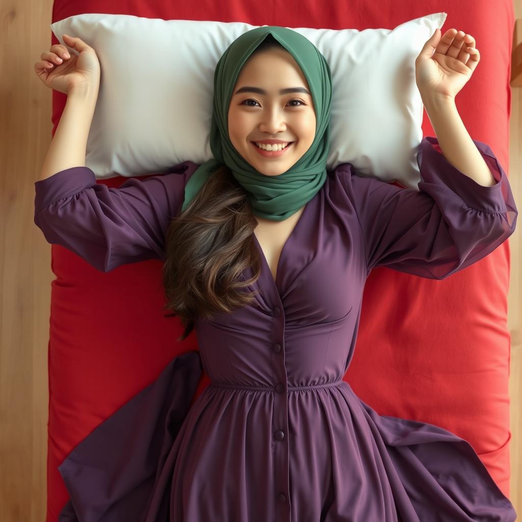 A 24-year-old beautiful Japanese model wearing a transparent green hijab, with her long hair neatly tucked under the hijab
