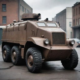 A Dieselpunk armored vehicle, mirroring the grunge and mechanical aesthetic of the 1940s era. Think of rugged industrial design, riveted steel armor, large diesel engine exhausts, worn out paint job and neon highlights