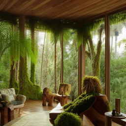 A room styled with influence from nature, featuring natural wood furniture, green palm plants, mossy wall decor, and sunny, large windows overlooking a scenic forest.