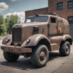 A Dieselpunk armored vehicle, mirroring the grunge and mechanical aesthetic of the 1940s era. Think of rugged industrial design, riveted steel armor, large diesel engine exhausts, worn out paint job and neon highlights