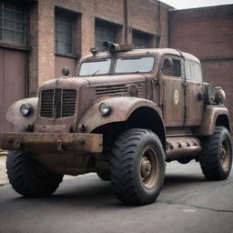 A Dieselpunk armored vehicle, mirroring the grunge and mechanical aesthetic of the 1940s era. Think of rugged industrial design, riveted steel armor, large diesel engine exhausts, worn out paint job and neon highlights