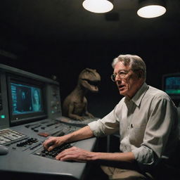 Create an image of John Hammond in the dimly lit control room, communicating over the radio with Alan Grant, asking him to check on the T-Rex Paddock under the clear moonlight.