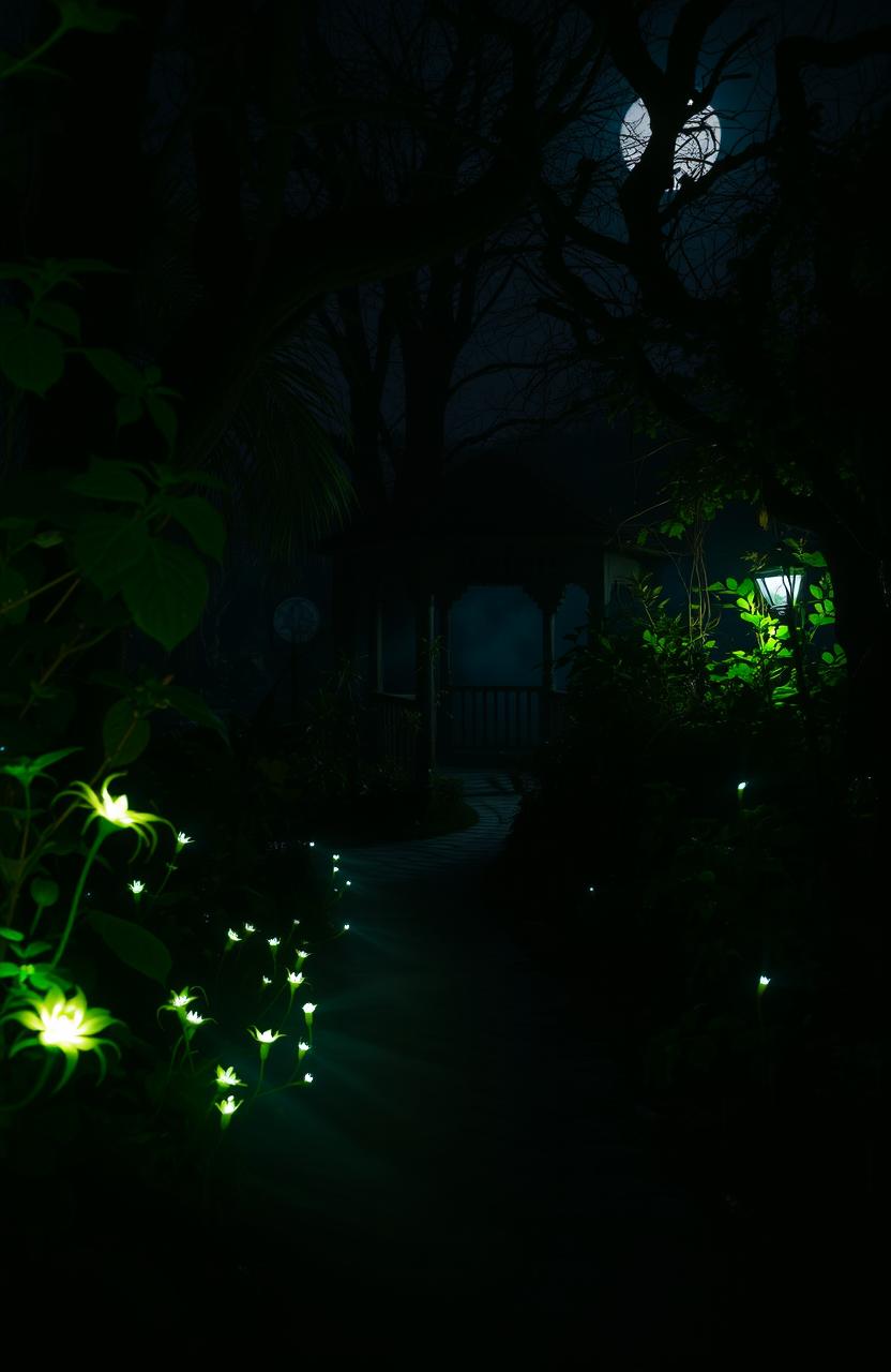 A mysterious and eerie garden at night, shrouded in shadows and soft moonlight