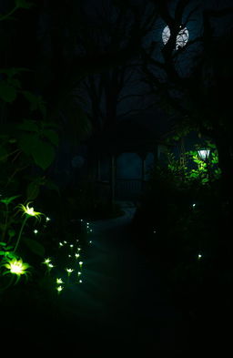 A mysterious and eerie garden at night, shrouded in shadows and soft moonlight