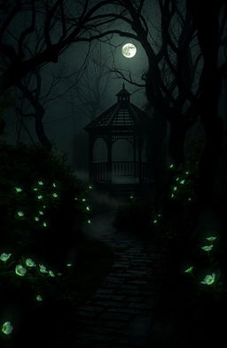 A mysterious and eerie garden at night, shrouded in shadows and soft moonlight