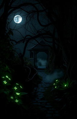 A mysterious and eerie garden at night, shrouded in shadows and soft moonlight