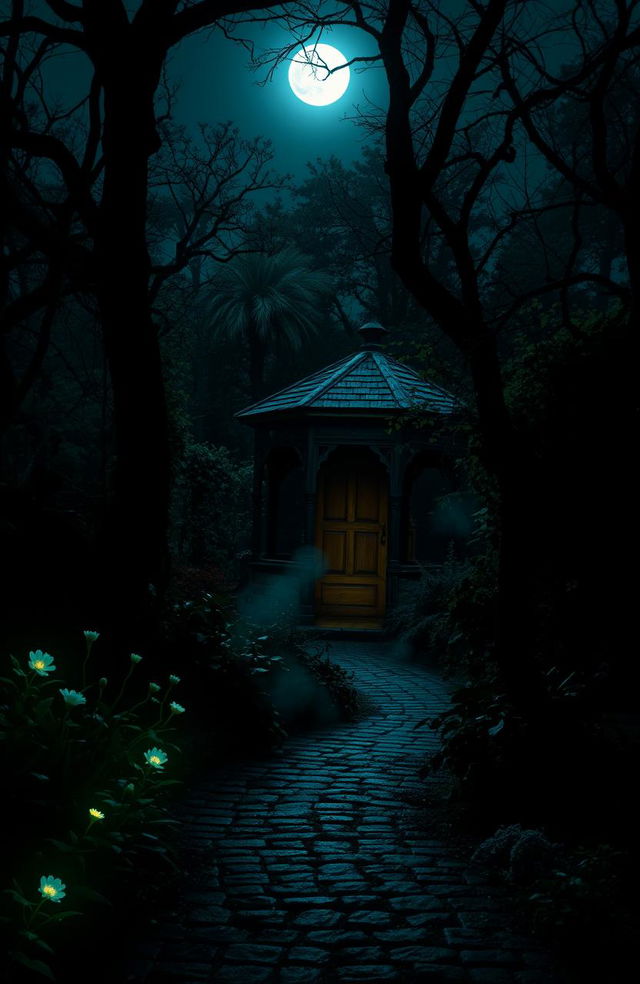 A mysterious and eerie garden at night, shrouded in shadows and soft moonlight