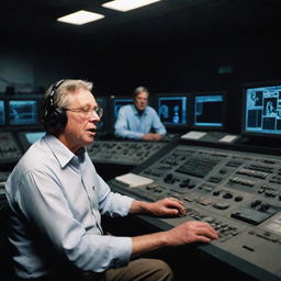 Create an image of John Hammond in the dimly lit control room, communicating over the radio with Alan Grant, asking him to check on the T-Rex Paddock under the clear moonlight.