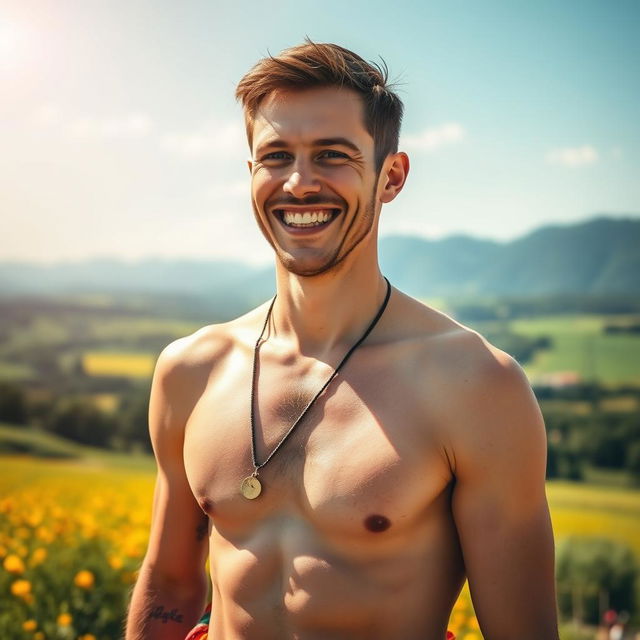 A semi-naked typical joyful Polish man, standing in a vibrant summer landscape