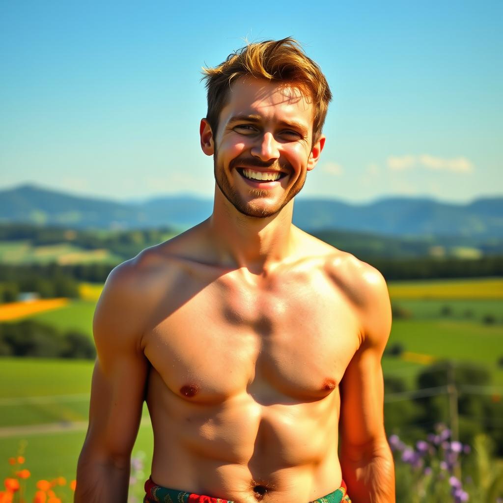 A semi-naked typical joyful Polish man, standing in a vibrant summer landscape