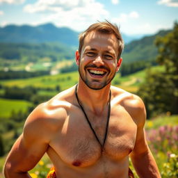 A semi-naked typical joyful Polish man, standing in a vibrant summer landscape
