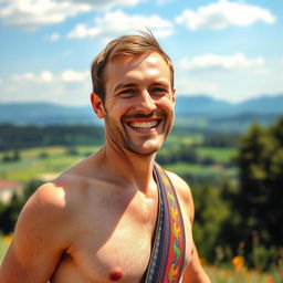A semi-naked typical joyful Polish man, standing in a vibrant summer landscape