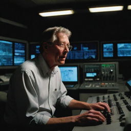 Create an image of John Hammond in the dimly lit control room, communicating over the radio with Alan Grant, asking him to check on the T-Rex Paddock under the clear moonlight.