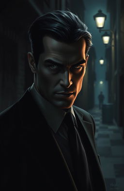 A dark and intriguing scene featuring a male police spy who is the cunning mastermind behind all criminal activities