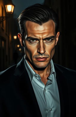 A dark and intriguing scene featuring a male police spy who is the cunning mastermind behind all criminal activities
